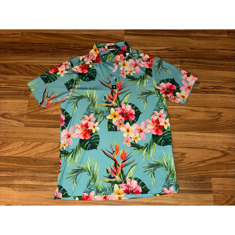 Bad Birdie Men's Floral Tropical Print Polo Shirt Size S Stretch Golf Polo Blue